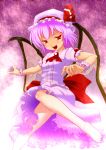  fang feet hands hat koibumi naughty_face pink_hair red_eyes remilia_scarlet short_hair solo touhou wings 