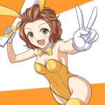  1girl animal_ears bowtie brown_hair bunnysuit detached_collar fan gloves green_eyes idolmaster idolmaster_cinderella_girls namba_emi paper_fan pataniito rabbit_ears short_hair v 