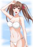  1girl alicia_melchiott arm_up bikini breasts brown_eyes brown_hair cleavage covered_nipples cowboy_shot hair_ribbon long_hair midriff navel open_mouth r_cross ribbon senjou_no_valkyria solo swimsuit twintails 