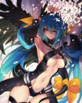  1girl blue_hair bow breasts cleavage dizzy guilty_gear long_hair navel one_eye_closed oro_(sumakaita) red_eyes solo tail tail_bow thighs twintails underwear very_long_hair wings 
