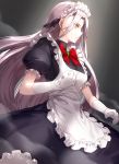  1girl apron black_dress bow clenched_hand copyright_request dress frilled_apron frilled_sleeves frills gloves kfr long_hair maid maid_headdress profile puffy_sleeves purple_hair short_sleeves solo very_long_hair white_gloves yellow_eyes 