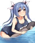  1girl bare_shoulders blue_hair blush breasts don_(29219) hair_ornament hair_ribbon hug i-19_(kantai_collection) kantai_collection large_breasts long_hair looking_at_viewer name_tag object_hug one-piece_swimsuit partially_underwater red_eyes ribbon school_swimsuit smile solo star star-shaped_pupils swimsuit symbol-shaped_pupils torpedo twintails twitter_username water 