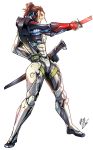  1boy armor bodysuit brown_hair cyborg dataglitch facial_hair full_body highres katana metal_gear_(series) metal_gear_rising:_revengeance ponytail samuel_rodrigues scabbard sheath solo stubble sword vambraces weapon 