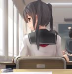  1boy 1girl bag black_hair black_skirt blurry bra_strap brown_eyes chalkboard classroom depth_of_field desk eraser eto from_behind highres long_hair original school_bag school_uniform serafuku sitting skirt smile solo_focus teacher twintails 