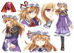 1girl :/ angry ankle_boots black_legwear blonde_hair blush boots brooch cape character_sheet closed_eyes d:&lt; dress e.o. embellished_costume frown grin hat jewelry long_hair looking_at_viewer maribel_hearn mob_cap pantyhose sigh smile solo touhou u_u violet_eyes 