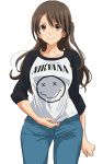  1girl 71 brown_eyes brown_hair idolmaster idolmaster_cinderella_girls long_hair nirvana_(band) one_side_up shimamura_uzuki simple_background smile solo 