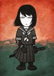  black_hair chibi cyborg hetza_(hellshock) original pleated_skirt school_uniform short_hair skirt staring sword weapon 