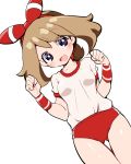  1girl :d blush brown_hair buruma chorimokki gym_uniform hair_ribbon haruka_(pokemon) haruka_(pokemon)_(remake) open_mouth pokemon pokemon_(game) pokemon_oras ribbon shirt short_sleeves smile solo two_side_up violet_eyes white_background white_shirt wristband 