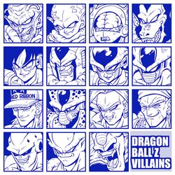 6+boys absurdres android_13 bojack brain broly cell_(dragon_ball) cooler_(dragon_ball) copyright_name dr._wheelo dragon_ball dragon_ball_z earrings english fang frieza garlic_jr. grin hat highres hirudegarn janemba jewelry lord_slug majin_buu monochrome monster multiple_boys oozaru open_mouth piccolo_daimaou red_ribbon_army scouter shinomiya_akino slit_pupils smile super_saiyan teeth turles vegeta 