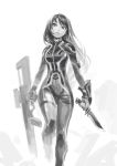  1girl bangs black_hair bodysuit donsukoi_teitoku finger_on_trigger greyscale gun highres knife long_hair monochrome open_mouth original parted_bangs parted_lips rifle running science_fiction skin_tight solo swept_bangs weapon 