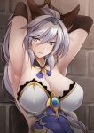  1girl armpits arms_behind_head arms_up bound_arms breasts cleavage elbow_gloves gloves granblue_fantasy heles highres long_hair naturalton silver_hair solo yellow_eyes 