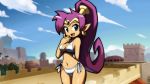  1girl arm_behind_back bikini blue_eyes breasts choker cleavage dark_skin earrings game_cg highres hoop_earrings jewelry long_hair makoto_yabe navel official_art open_mouth pointy_ears ponytail purple_hair shantae shantae_(character) shantae_and_the_pirate&#039;s_curse side-tie_bikini smile solo swimsuit tiara very_long_hair 