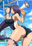  1girl antenna_hair artist_request ass breasts cleavage competition_swimsuit hair_over_one_eye ikkitousen kan&#039;u_unchou long_hair low-tied_long_hair megaphone official_art one-piece_swimsuit purple_hair swimsuit trading_card waifu2x 