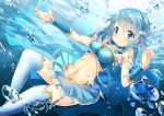  1girl adapted_costume blue_eyes blue_hair bubble cape gleision_adain jewelry magical_girl mahou_shoujo_madoka_magica midriff miki_sayaka navel necklace pearl_necklace short_hair smile solo thigh-highs underwater water zettai_ryouiki 