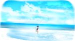  1girl arm_up brown_hair clouds fishing fishing_rod from_behind highres horizon i-401_(kantai_collection) kantai_collection ocean ponytail sailor_collar scenery school_swimsuit short_ponytail sky solo swimsuit swimsuit_under_clothes wading water yoshioka_yoshiko 