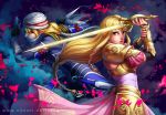  armor armored_dress blonde_hair braid long_hair nijuuni nose princess_zelda red_eyes sheik sword weapon zelda_musou 