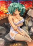  1girl artist_request breasts cleavage green_eyes green_hair ikkitousen large_breasts naked_towel official_art onsen ryofu_housen towel twintails 