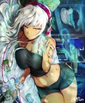  1girl bare_shoulders breast_squeeze breasts chemise cleavage collarbone drinking_straw half-closed_eyes headphones kojima_saya large_breasts long_hair looking_at_viewer lying midriff navel on_side original shorts silver_hair solo thighs very_long_hair violet_eyes white_hair 