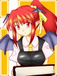  1girl alternate_hairstyle bat_wings book breasts commentary_request hair_ribbon head_wings holding holding_book koakuma large_breasts looking_at_viewer necktie plaid plaid_background pointy_ears ponytail red_eyes redhead reguhon ribbon short_sleeves sidelocks simple_background smile solo touhou upper_body vest wings 