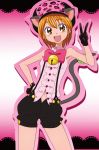  1girl :d animal_ears bell black_gloves brown_eyes brown_hair cat_ears cat_tail female futari_wa_precure gloves hand_on_hip hat looking_at_viewer manji_(tenketsu) misumi_nagisa navel open_mouth panther_pink_(precure) precure short_hair shorts smile solo suspenders tail v 