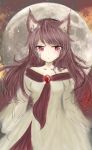 1girl animal_ears brooch brown_hair collarbone dress expressionless full_moon imaizumi_kagerou jewelry long_hair long_sleeves looking_at_viewer moon red_eyes solo tears touhou wide_sleeves wolf_ears 