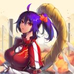  1girl ahoge alternate_hairstyle bangs breasts frilled_shirt_collar hair_between_eyes hair_ornament head_tilt highres large_breasts leaf_hair_ornament looking_at_viewer mirror outdoors parted_lips ponytail purple_hair red_eyes rope shide solo sukocchi touhou upper_body yasaka_kanako 