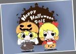  2015 2girls aki_minoriko aki_shizuha blonde_hair dress hair_ornament halloween_costume happy_halloween hat leaf leaf_hair_ornament multiple_girls pumpkin pumpkin_hat pumpkin_skirt short_hair siblings sisters touhou witch_hat zannen_na_hito 