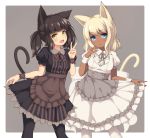  2girls :d animal_ears apron black_dress black_legwear blonde_hair blue_eyes brown_hair cat_ears cat_tail dark_skin dress frills grey_background long_hair looking_at_viewer multiple_girls open_mouth original pantyhose puffy_short_sleeves puffy_sleeves sand-rain sasaame short_hair short_sleeves simple_background skirt_hold smile tail twintails v waist_apron white_dress white_legwear wrist_cuffs yellow_eyes 