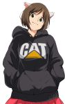  1girl 71 animal_ears brown_hair cat_ears green_eyes hands_in_pockets hoodie idolmaster idolmaster_cinderella_girls maekawa_miku short_hair simple_background smile solo 