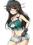  1girl black_gloves black_hair blush breasts choukai_(kantai_collection) don_(29219) glasses gloves hair_ornament hat headgear kantai_collection large_breasts long_hair looking_at_viewer midriff navel pleated_skirt red_eyes remodel_(kantai_collection) rimless_glasses school_uniform serafuku simple_background skirt skirt_hold smile solo twitter_username white_background 