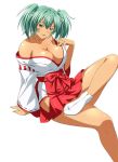  1girl artist_request breasts green_eyes green_hair ikkitousen japanese_clothes kimono large_breasts official_art ryofu_housen simple_background tabi twintails white_background 