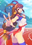  1girl :d arched_back ass bangs battle_athletes blue_sky blush breasts brown_hair clouds confetti gym_uniform hair_tubes hairband kanzaki_akari leotard long_hair low-tied_long_hair one_eye_closed open_mouth orange_ribbon othel_(hatimorris) outstretched_arm red_eyes ribbon short_sleeves sky smile solo stadium thigh-highs wristband 