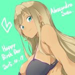  1girl alessandra_susu bare_arms black_bra blonde_hair bra breasts character_name dated earrings green_background happy_birthday heart jewelry looking_at_viewer manabebebe sideboob simple_background smile solo tan tanline tokyo_7th_sisters underwear upper_body 