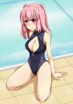  1girl absurdres blush bon_(pixiv518591) breasts cleavage cleavage_cutout front_zipper_swimsuit highres hoshino_maki_osamu large_breasts long_hair looking_at_viewer one-piece_swimsuit open_mouth pink_eyes pink_hair sitting smile solo starmine_(manga) swimsuit twintails unzipped wariza zipper 