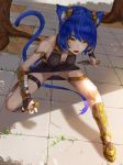  1girl animal_ears bare_shoulders blue_hair blush boots breasts cat_ears cat_tail cleavage dagger dual_wielding fang gauntlets kfr leaning_forward original panties ponytail shadow skirt squatting tail thigh_strap tree underwear upskirt weapon yellow_eyes 