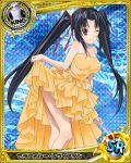  1girl artist_request black_hair blue_background card_(medium) character_name chess_piece dress hair_ribbon high_school_dxd jpeg_artifacts official_art one_eye_closed ribbon serafall_leviathan solo trading_card twintails violet_eyes yellow_dress 