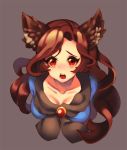  1girl animal_ears blush breasts brooch brown_background brown_hair cheong_ha collarbone dress fang imaizumi_kagerou jewelry long_hair long_sleeves looking_at_viewer open_mouth red_eyes simple_background solo touhou wolf_ears 
