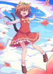 1girl :d animal_ears brown_eyes brown_hair cat_ears cat_tail chen clouds denkikettle earrings flower hat jewelry multiple_tails open_mouth outstretched_arms petals red_skirt short_hair skirt sky smile solo tail touhou 