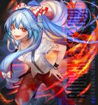  1girl :d bangs blue_hair bow bracelet english fire fujiwara_no_mokou hair_bow hair_ribbon hand_on_hip highres jewelry leaning_forward loalo long_hair looking_at_viewer low-tied_long_hair open_mouth pants ponytail red_eyes red_pants ribbon shirt short_sleeves smile solo stitches suspenders tattoo text torn_clothes torn_shirt touhou very_long_hair white_shirt wristband 
