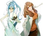  2girls aoki_hagane_no_arpeggio blue_eyes blue_hair brown_eyes brown_hair fan grin hyuuga_(aoki_hagane_no_arpeggio) long_hair monocle multiple_girls naye ponytail ribbed_sweater smile sweater takao_(aoki_hagane_no_arpeggio) 