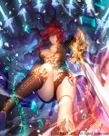  1girl blue_eyes breasts cleavage dragon&#039;s_shadow earrings hair_over_one_eye highres jewelry kazari_tayu long_hair official_art redhead smile solo sword thighs weapon 