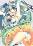 1girl armpits blue_eyes blue_hair breasts cleavage elbow_gloves gloves hatsune_miku headpiece high_heels open_mouth panties sagano_aoi solo thigh-highs twintails underwear vocaloid white_gloves 