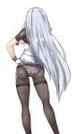  1girl ass black_legwear bodysuit contrapposto facing_away from_behind gloves hair_ribbon hand_on_hip headgear highres kantai_collection long_hair murakumo_(kantai_collection) orange_eyes panties panties_under_pantyhose pantyhose remodel_(kantai_collection) ribbon sailor_dress short_sleeves simple_background standing thighband_pantyhose tress_ribbon underwear untsue very_long_hair white_background white_hair 
