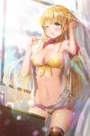  1girl :o aile_(crossroads) bikini black_panties blonde_hair blush breasts brushing_teeth cleavage green_eyes long_hair midriff navel off_shoulder official_art one_eye_closed open_clothes open_mouth panties solo swimsuit sword_girls thigh-highs thighs toothbrush underwear unzipped yellow_bikini zipper 