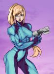  1girl absurdres bangs blonde_hair blue_eyes breasts collaboration colored covered_navel cowboy_shot djok3 elee0228 gun handgun highres lips long_hair looking_at_viewer metroid muscle pistol samus_aran skin_tight solo swept_bangs taut_clothes thick_thighs thighs weapon zero_suit 