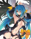  1girl blue_hair bow breasts cleavage dizzy guilty_gear long_hair navel one_eye_closed oro_(sumakaita) red_eyes simple_background solo tail tail_bow thighs twintails underwear very_long_hair white_background wings 