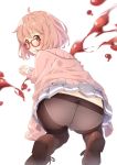  1girl black_legwear blood blush bob_cut cardigan ello glasses highres kuriyama_mirai kyoukai_no_kanata looking_at_viewer looking_back open_mouth panties panties_under_pantyhose pantyhose pink_hair red-framed_glasses school_uniform serafuku short_hair skirt underwear yellow_eyes 