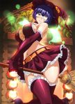  1girl artist_request belt blue_hair breasts broom elbow_gloves eyepatch gloves green_eyes halloween_costume hat ikkitousen large_breasts midriff mole official_art ryomou_shimei short_hair skirt thigh-highs witch_hat 