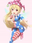  1girl american_flag_legwear american_flag_shirt blonde_hair clownpiece fairy_wings hat highres jester_cap long_hair looking_at_viewer nedia_r open_mouth pantyhose red_eyes smile solo touhou v very_long_hair wings 