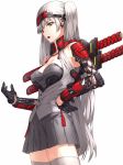  1girl armor bare_shoulders black_gloves breasts cleavage gloves grey_skirt hand_on_hip headgear kfr long_hair looking_at_viewer open_mouth original science_fiction silver_hair simple_background skirt solo sword thigh-highs two_side_up weapon white_background yellow_eyes 